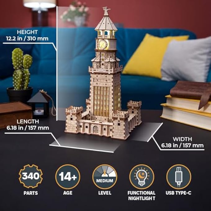 LIGHTHOUSE OF ALEXANDRIA 3D WOODEN PUZZLE FOR ADULTS  WOODEN MODEL KIT WITH LED NIGHT LIGHT, DIY BUILDING HOBBY SET, ANCIENT WORLD LANDMARK, HOME DECOR, BRAIN TEASER, CREATIVE - Image 2